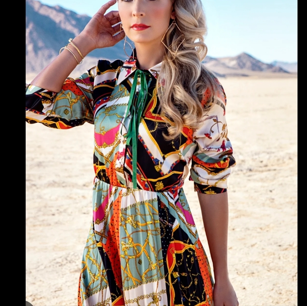 Dalia Macphee Tie Neck Printed Midi Dress. - Picture 2 of 16